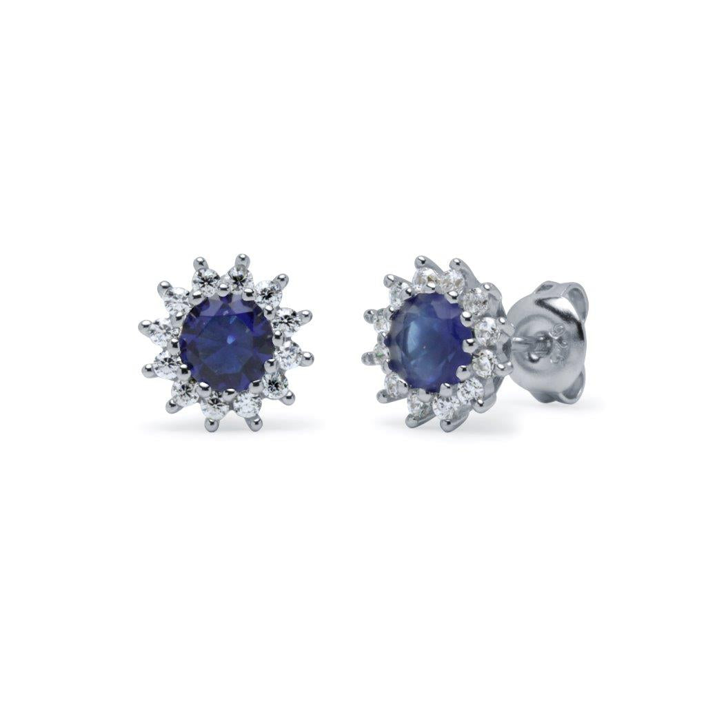 Pendientes Rosetón Circonita Zafiro Plata