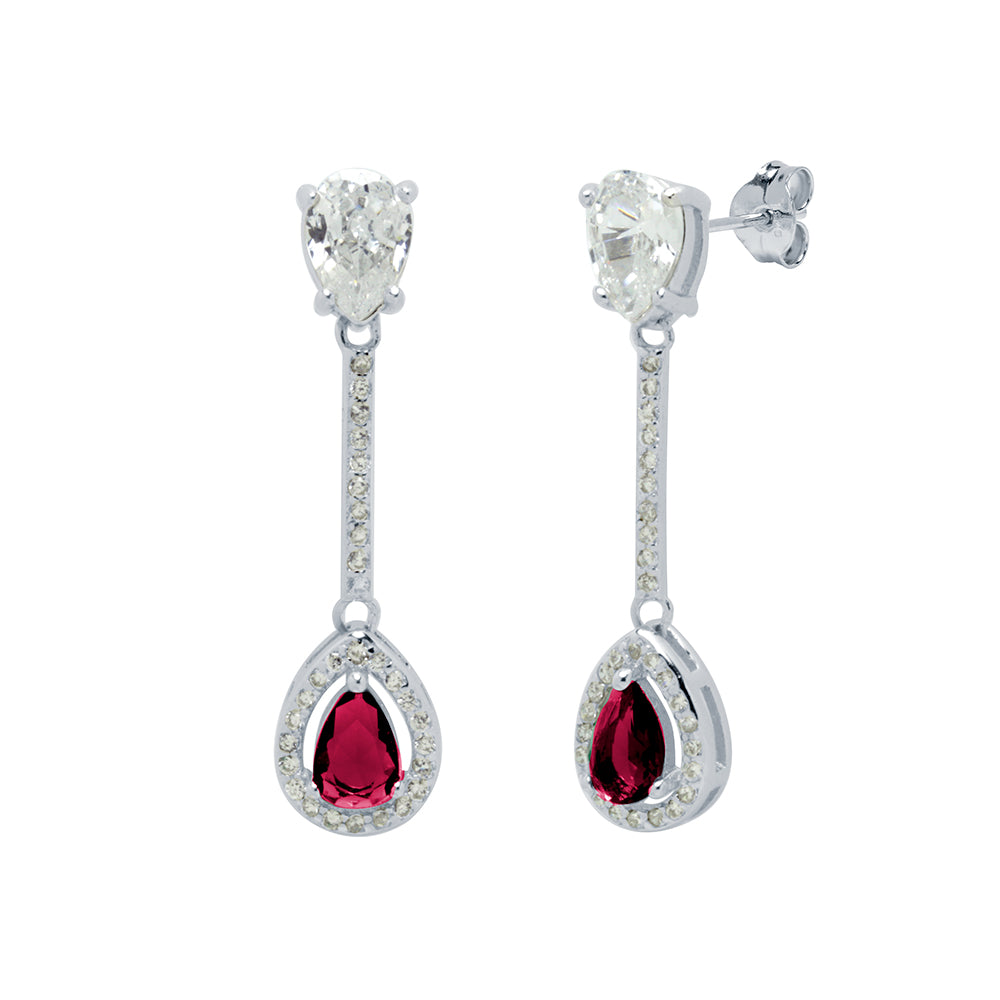 Pendientes Fiesta Largos Circonita Rubí Plata