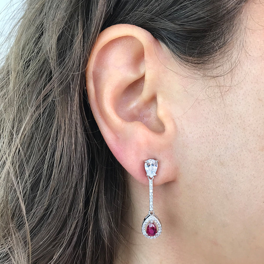 Pendientes Fiesta Largos Circonita Rubí Plata