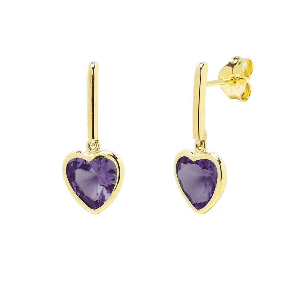 Pendientes Corazón de Oro 9K con Amatista y Circonitas