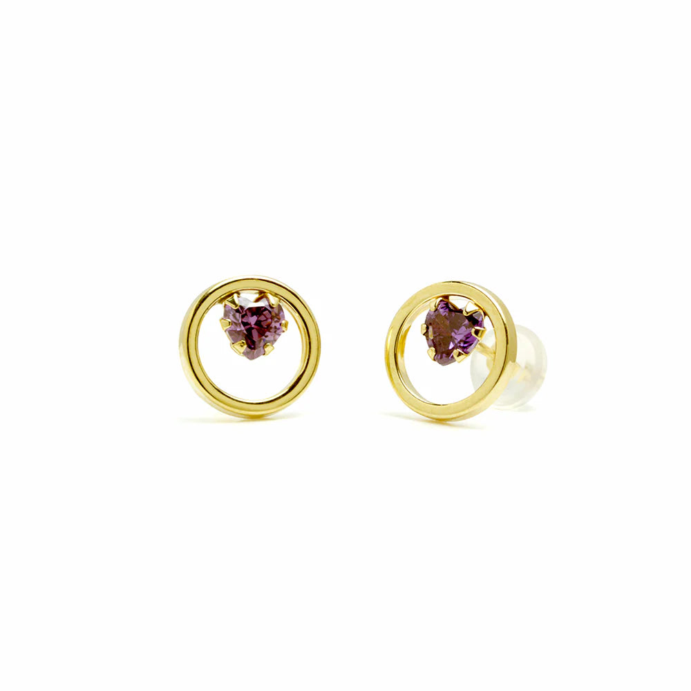 Pendientes Circulares Corazón de Oro 9K con Amatista
