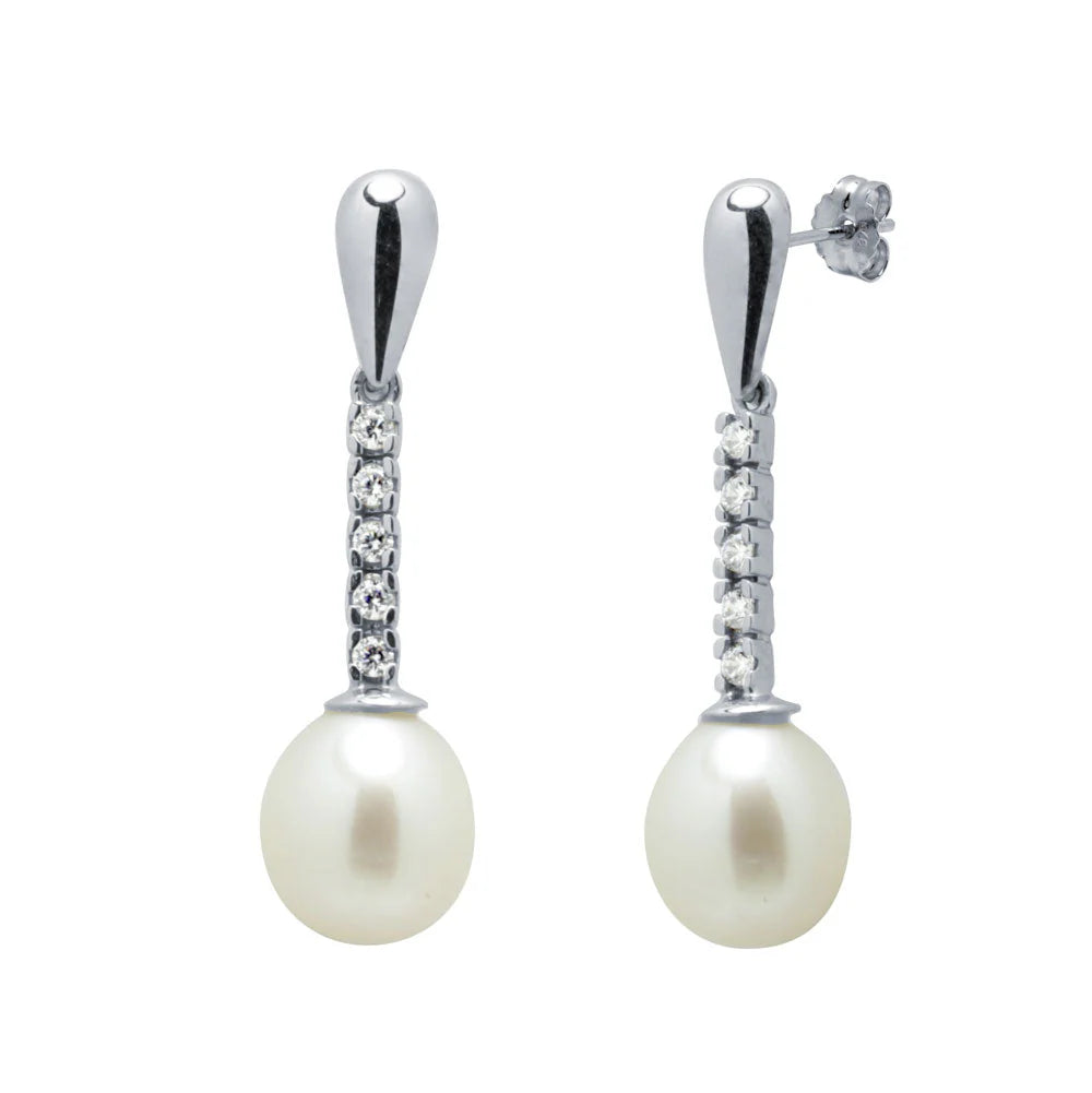 Pendientes Largos de Oro 9K con Perlas y Circonitas