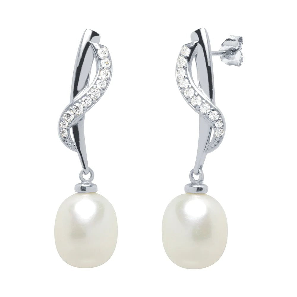 Pendientes Largos Perlas y Circonitas Oro Blanco