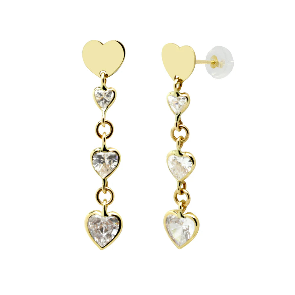 Pendientes Largos de Oro con Corazones y Circonitas
