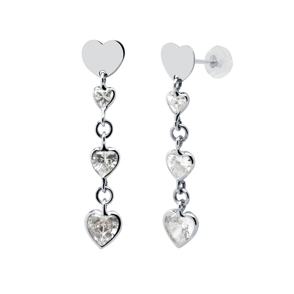 Pendientes Largos de Oro con Corazones y Circonitas