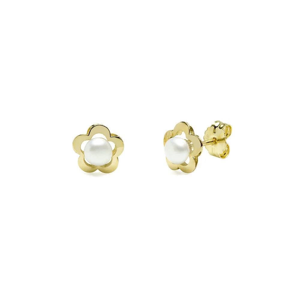 Pendientes Flor y Perlas de Oro 9K