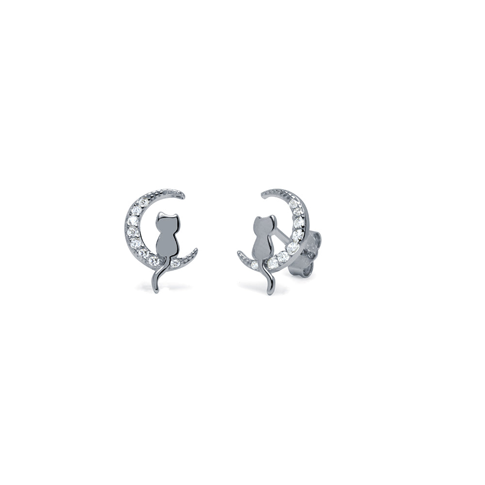 Pendientes Gato y Luna plata