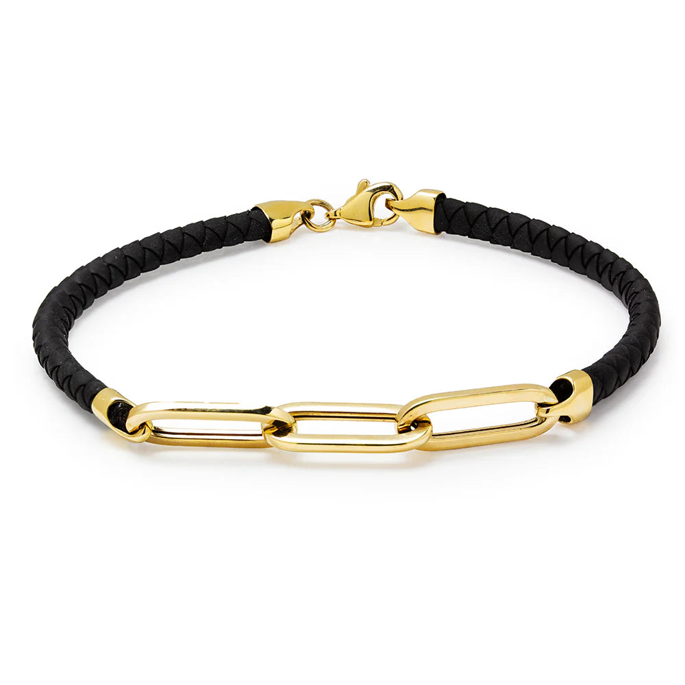 Pulsera de Cuero Negro y Oro 9K para Mujer