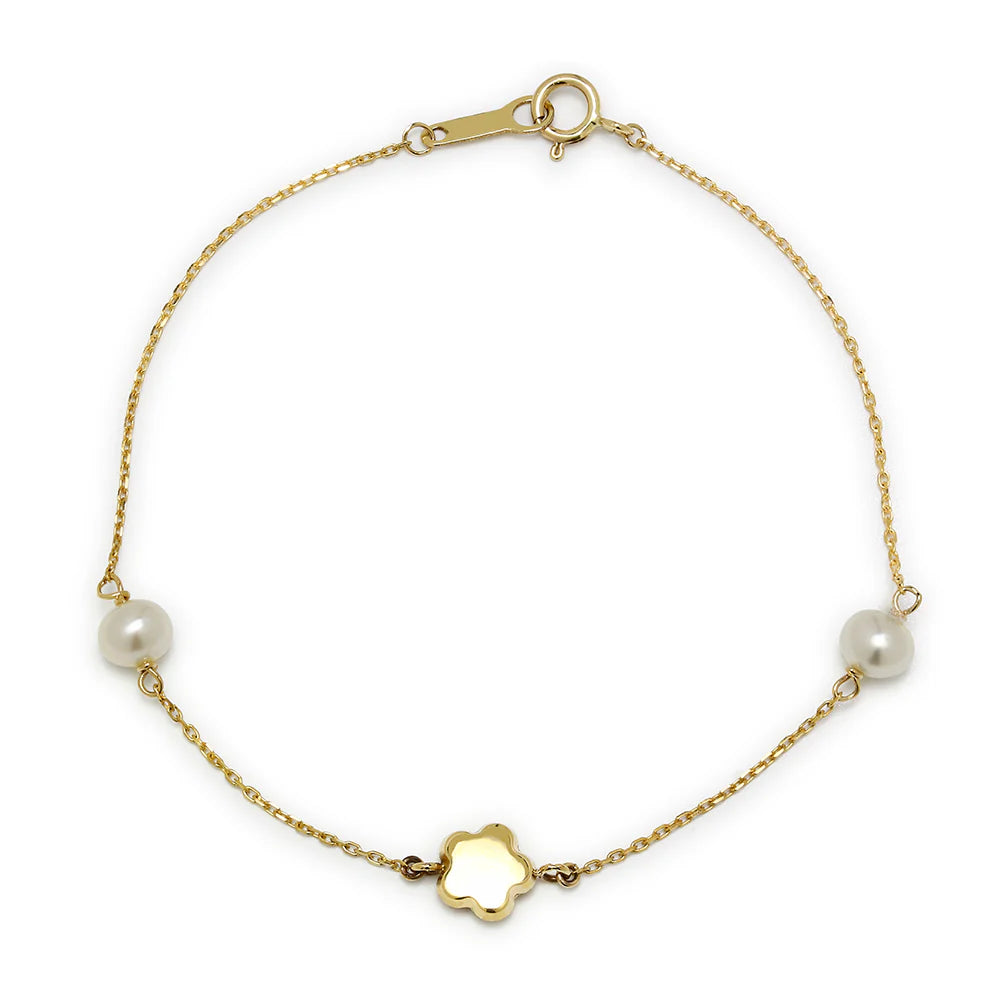 Pulsera de Oro 9K con Perlas y Flor