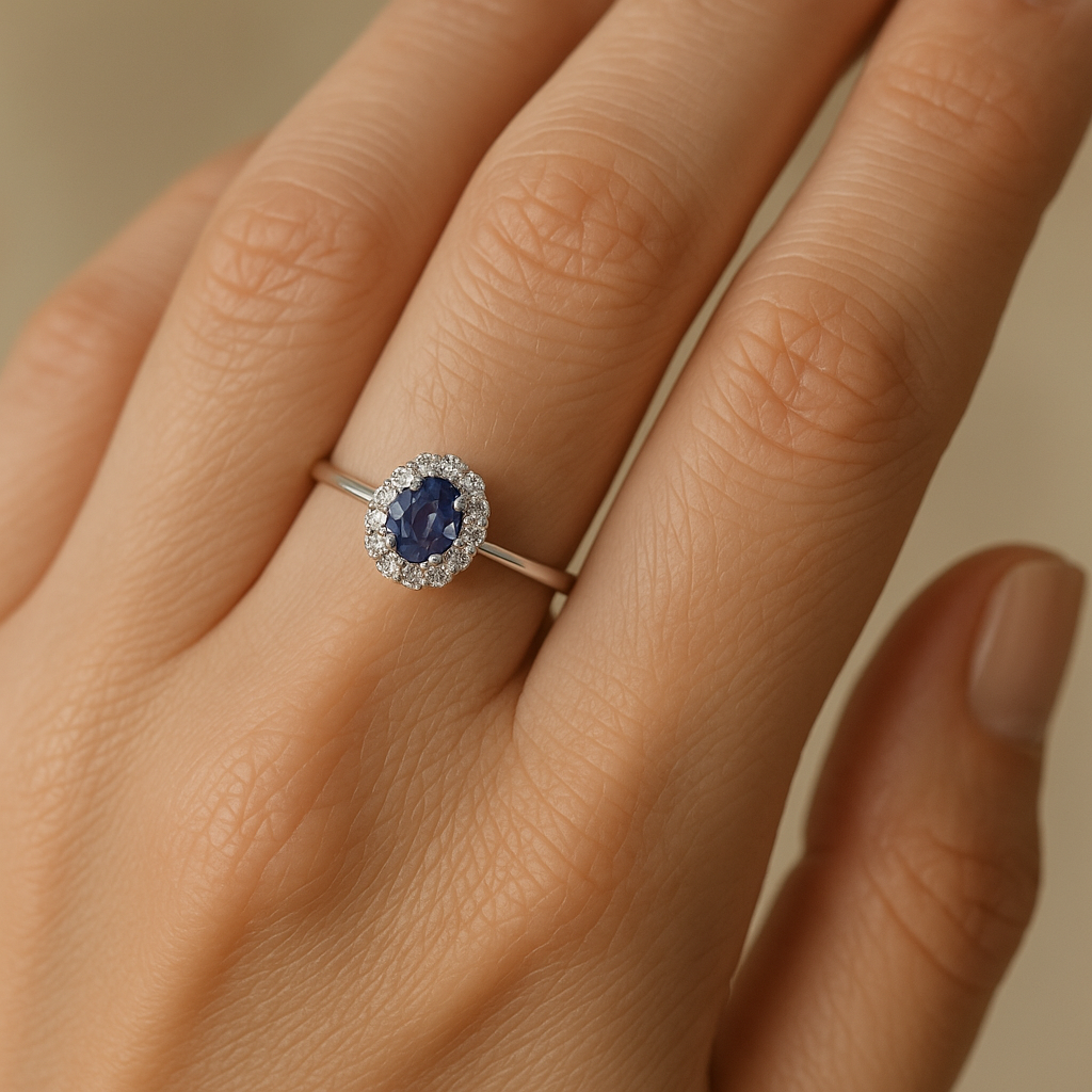 Anillo de oro blanco 9K con zafiro azul de 0,41 ct y halo de brillantes puesto en la mano