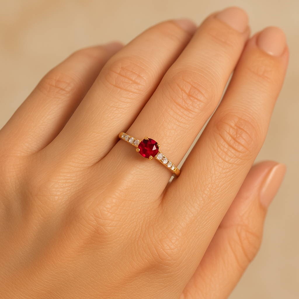 Anillo de Oro 9K con Rubí y Brillantes de Laboratorio para Mujer puesto en la mano