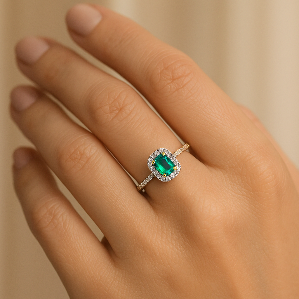 Anillo Rosetón de Oro 9K con Esmeralda y Brillantes para Mujer puesto en la mano