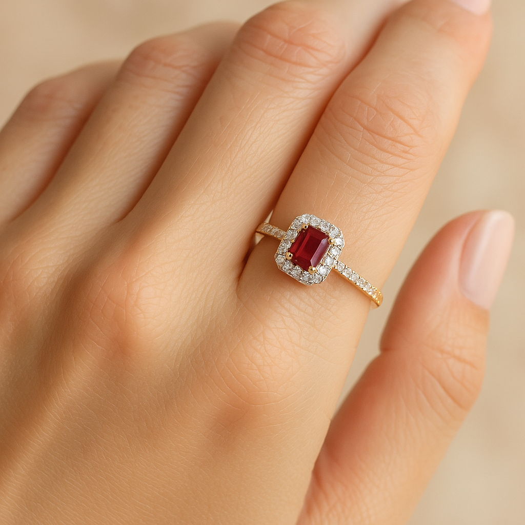 Anillo Roseta de Oro 9K con Rubí 0,51 ct y Brillantes para Mujer puesto en la mano