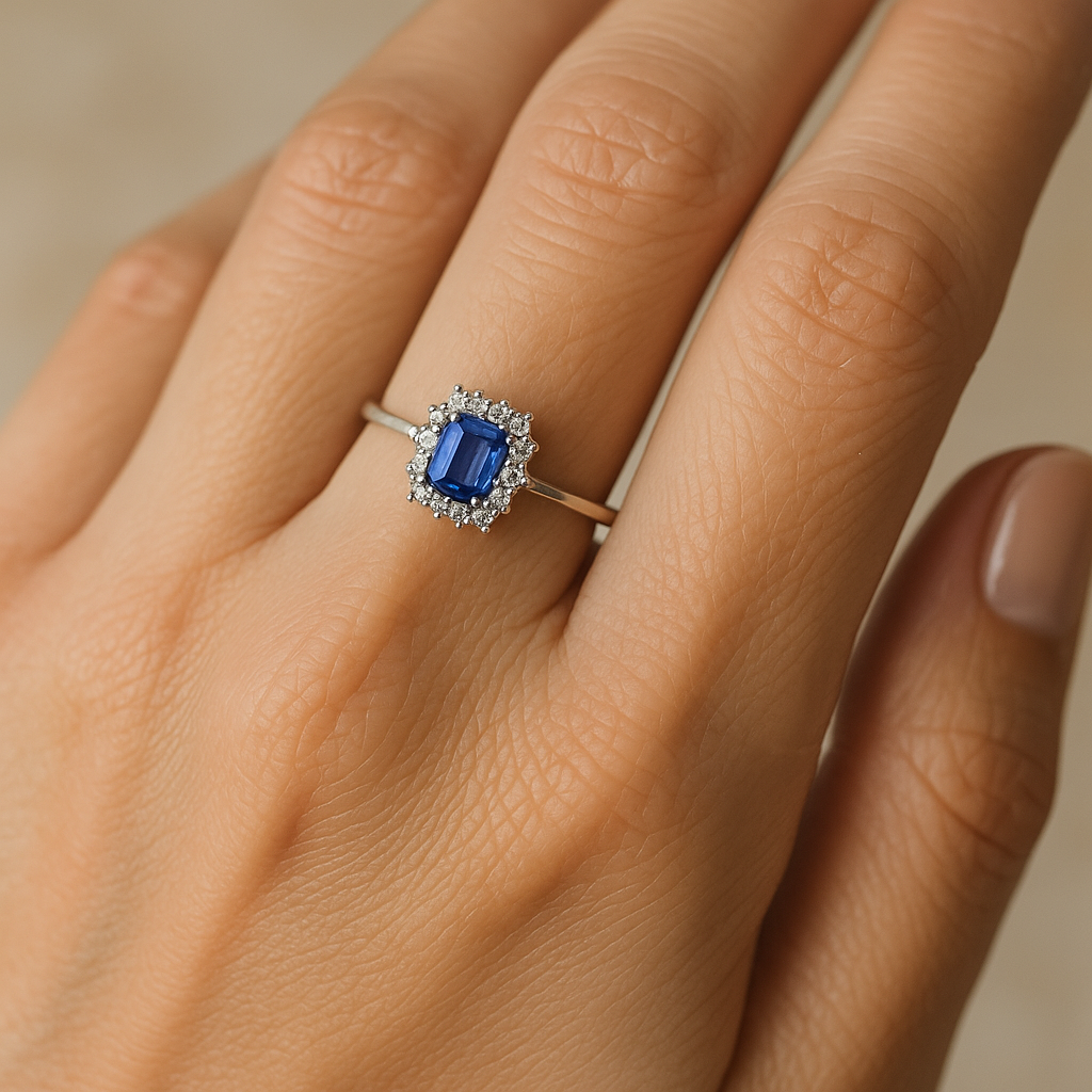 Anillo de oro blanco 9K con zafiro azul de 1,07 ct y halo de brillantes puesto en la mano