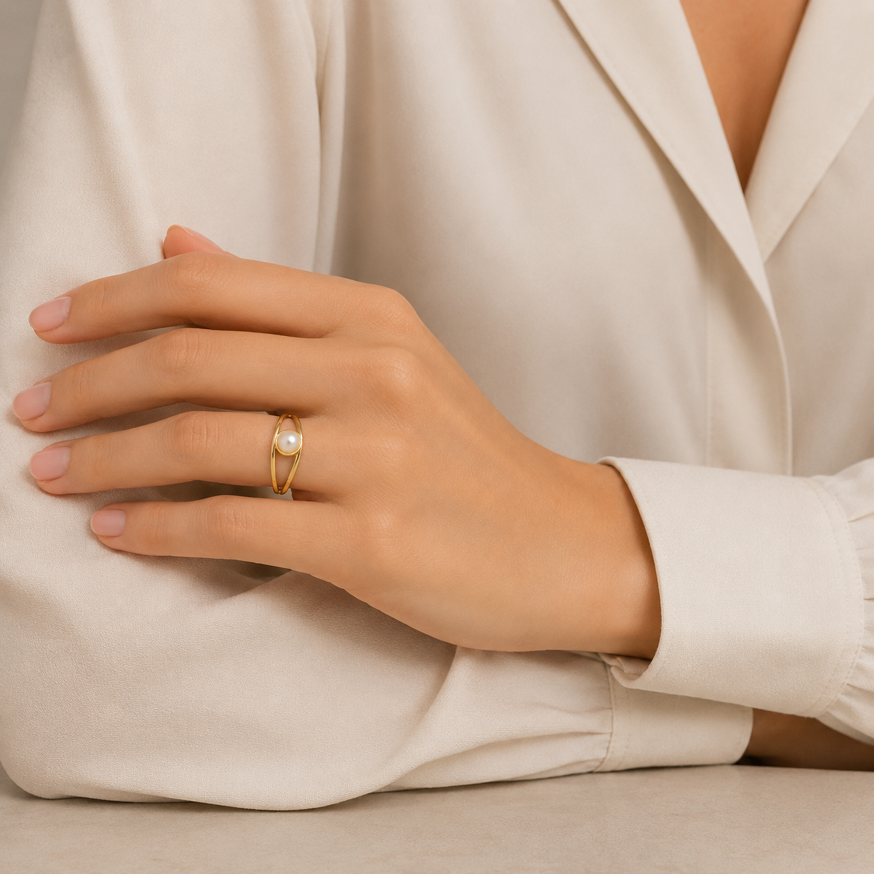 Anillo Bandas de Oro 9K con Perla Central