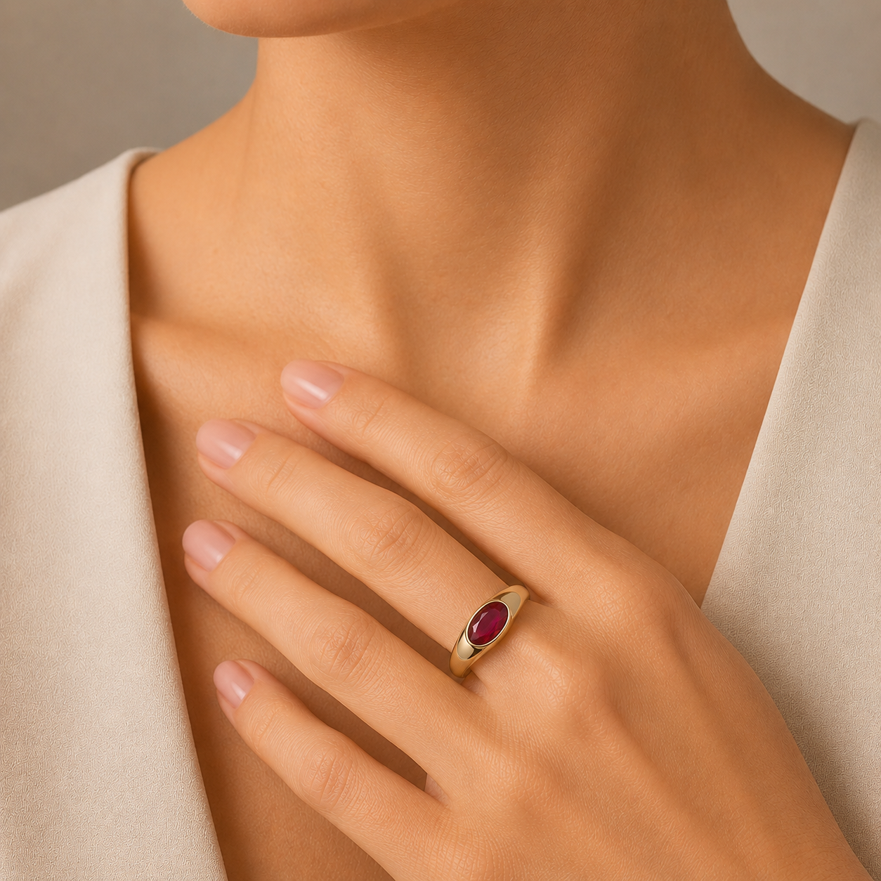 Anillo de Oro 9K para Mujer con Circonita Rubí Oval