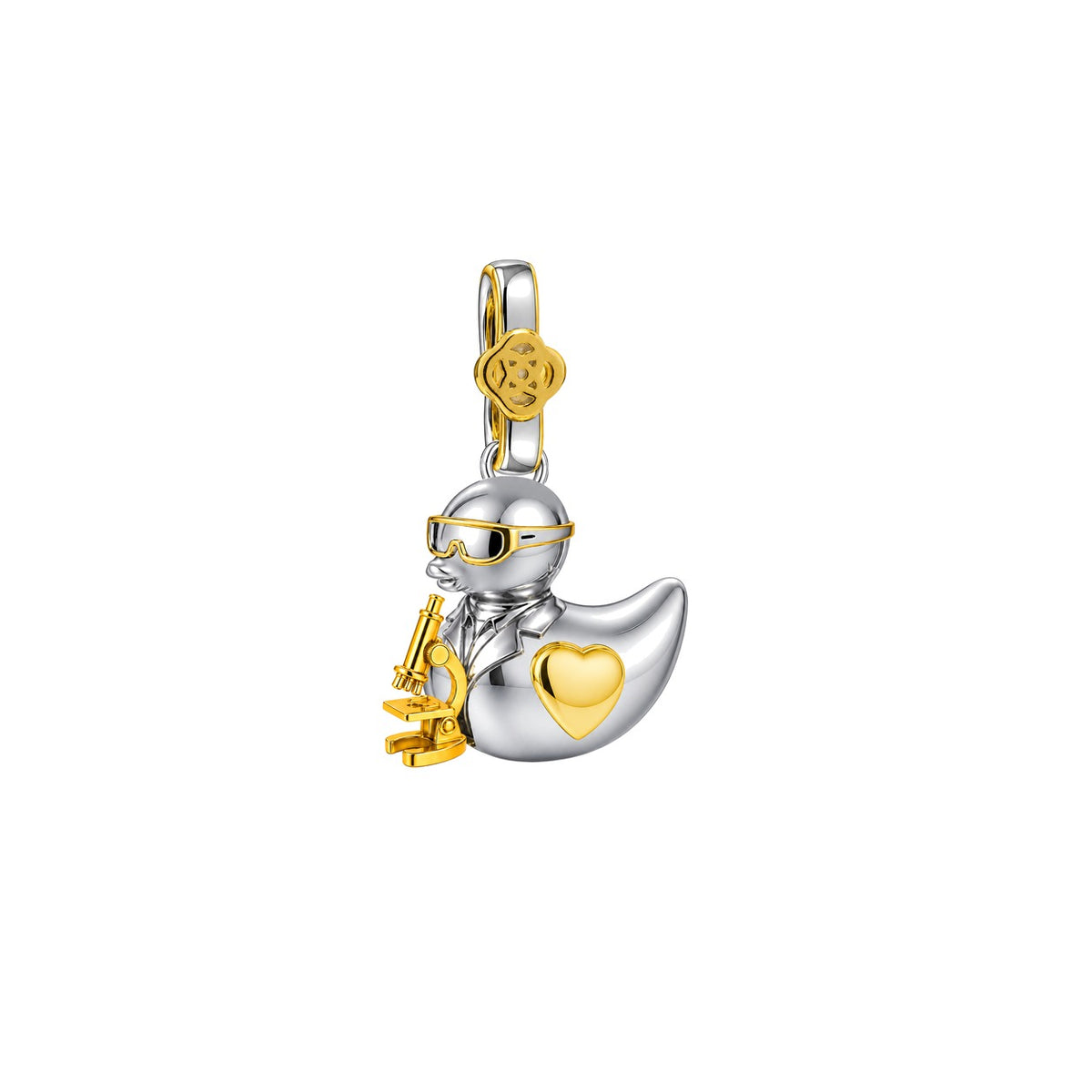Colgante Patito Investigador de plata 925 con bata, gafas, microscopio y corazón dorados