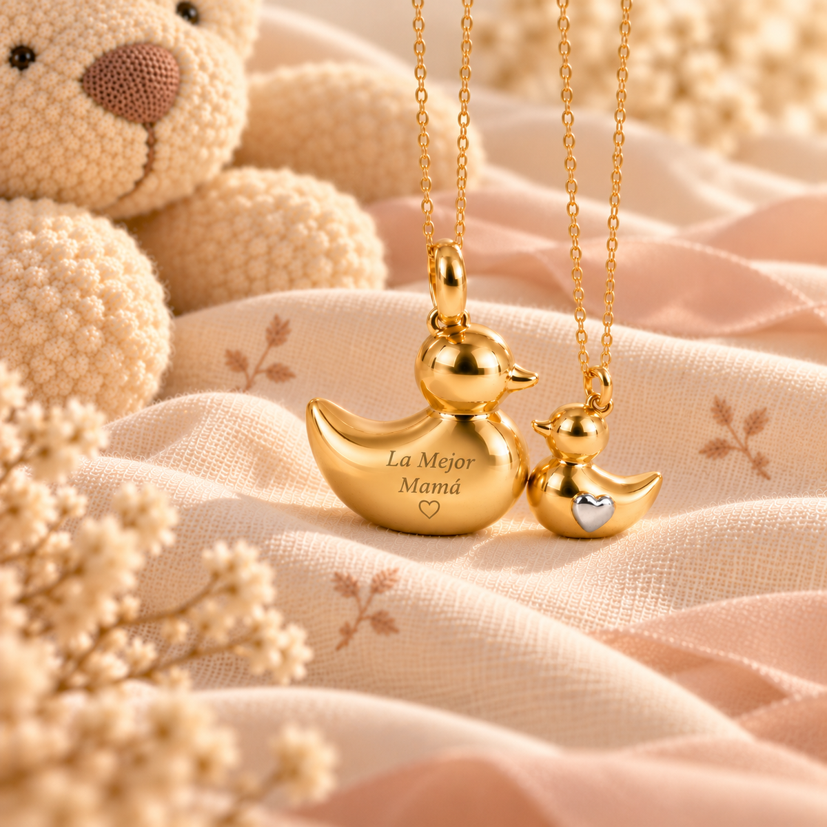 Colgantes Mamá Pata y Patito de oro 9K con corazón y grabado «La Mejor Mamá», regalo para mamá – Customima