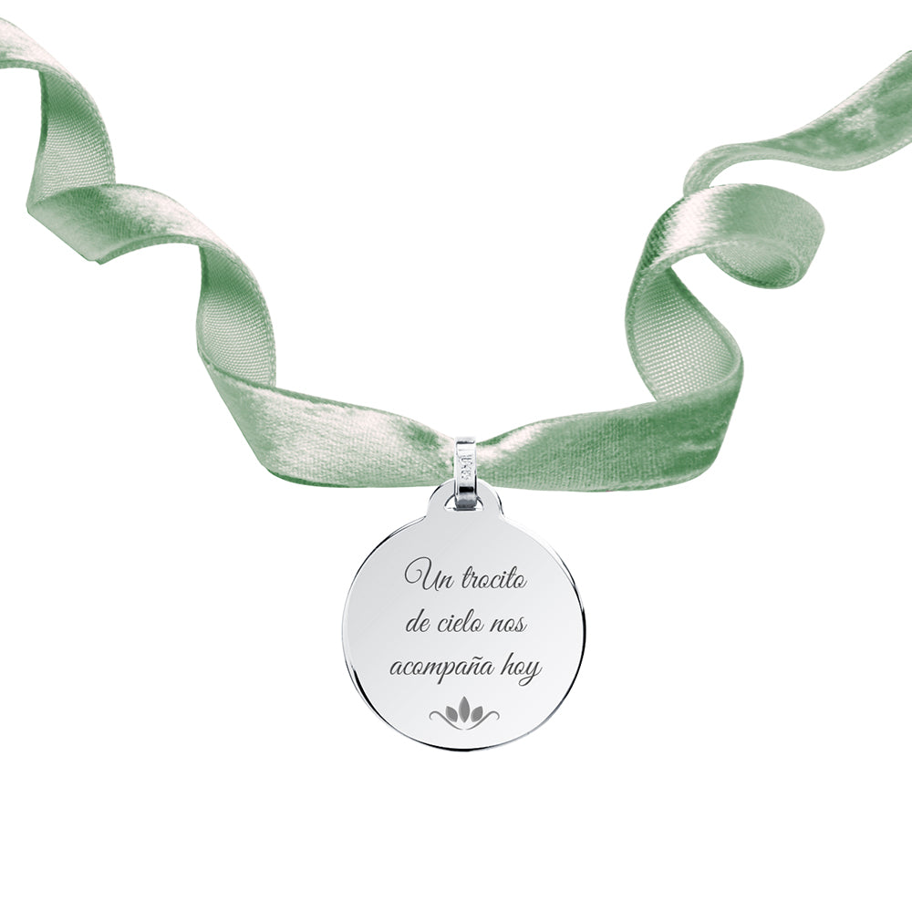 Medalla para el Ramo de Novia con Cinta de Terciopelo Beige de Plata 925