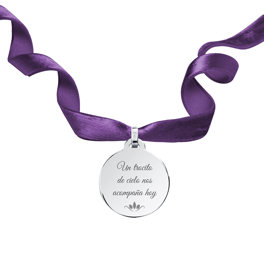 Medalla para el Ramo de Novia con Cinta de Terciopelo Beige de Plata 925