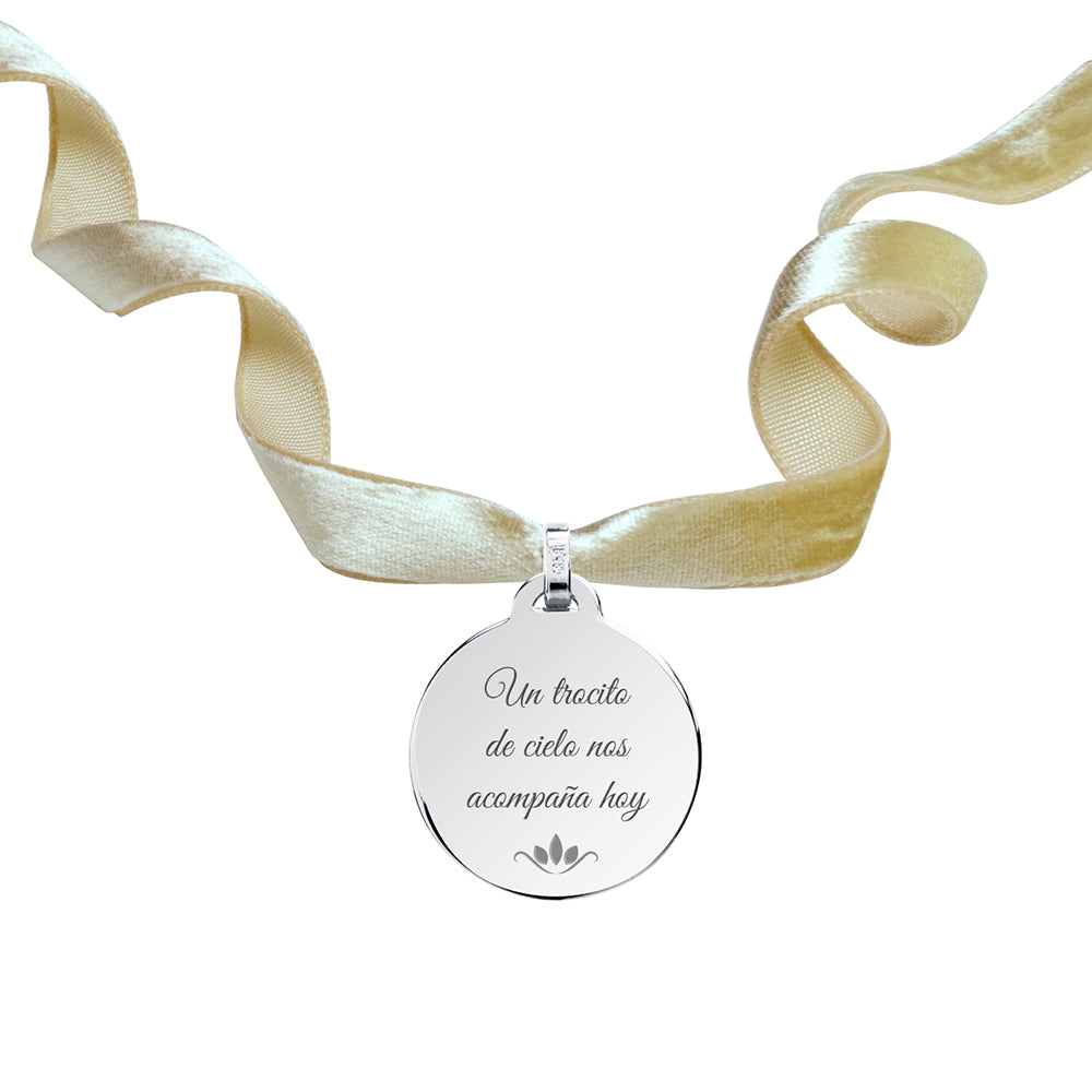 Medalla para el Ramo de Novia con Cinta de Terciopelo Beige de Plata 925