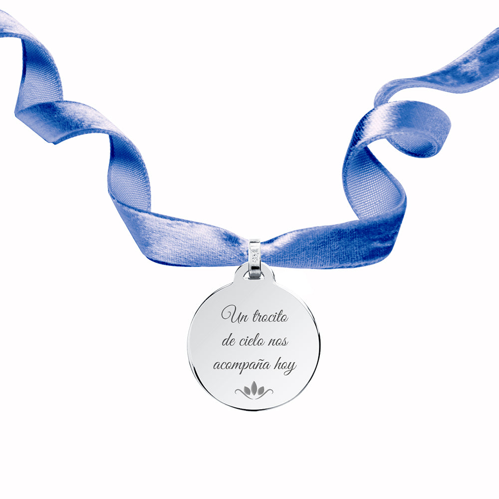 Medalla para el Ramo de Novia con Cinta de Terciopelo Beige de Plata 925