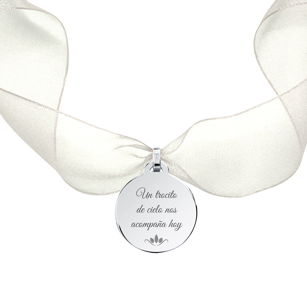 Medalla para el Ramo de Novia Grande con Cinta de Organza de Plata 925