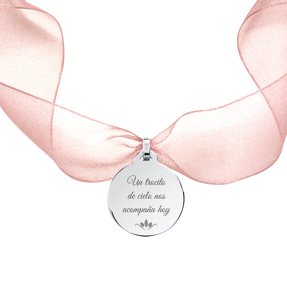 Medalla para el Ramo de Novia Grande con Cinta de Organza de Plata 925