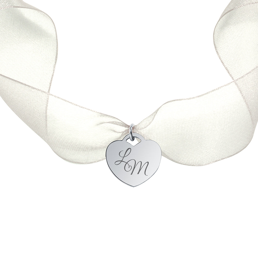 Medalla para el Ramo de Novia Corazón con Cinta de Organza de Plata 925