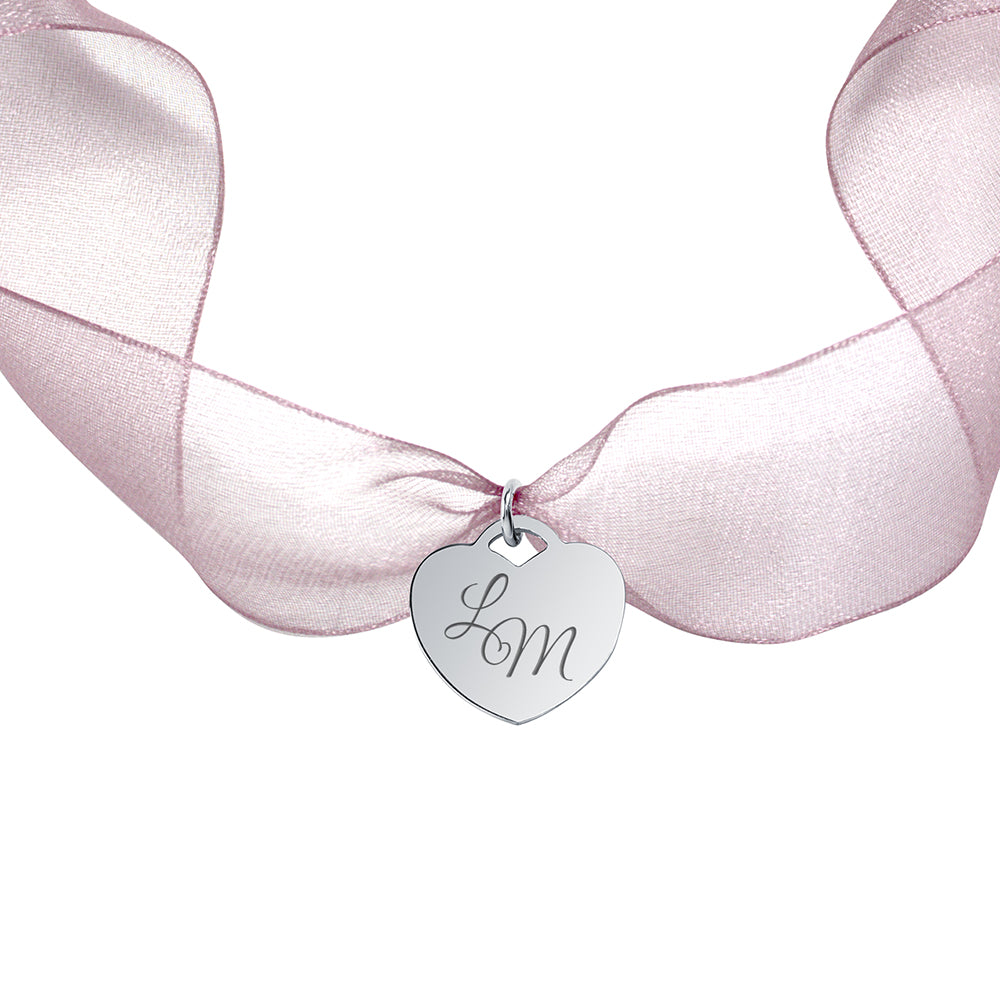Medalla para el Ramo de Novia Corazón con Cinta de Organza de Plata 925