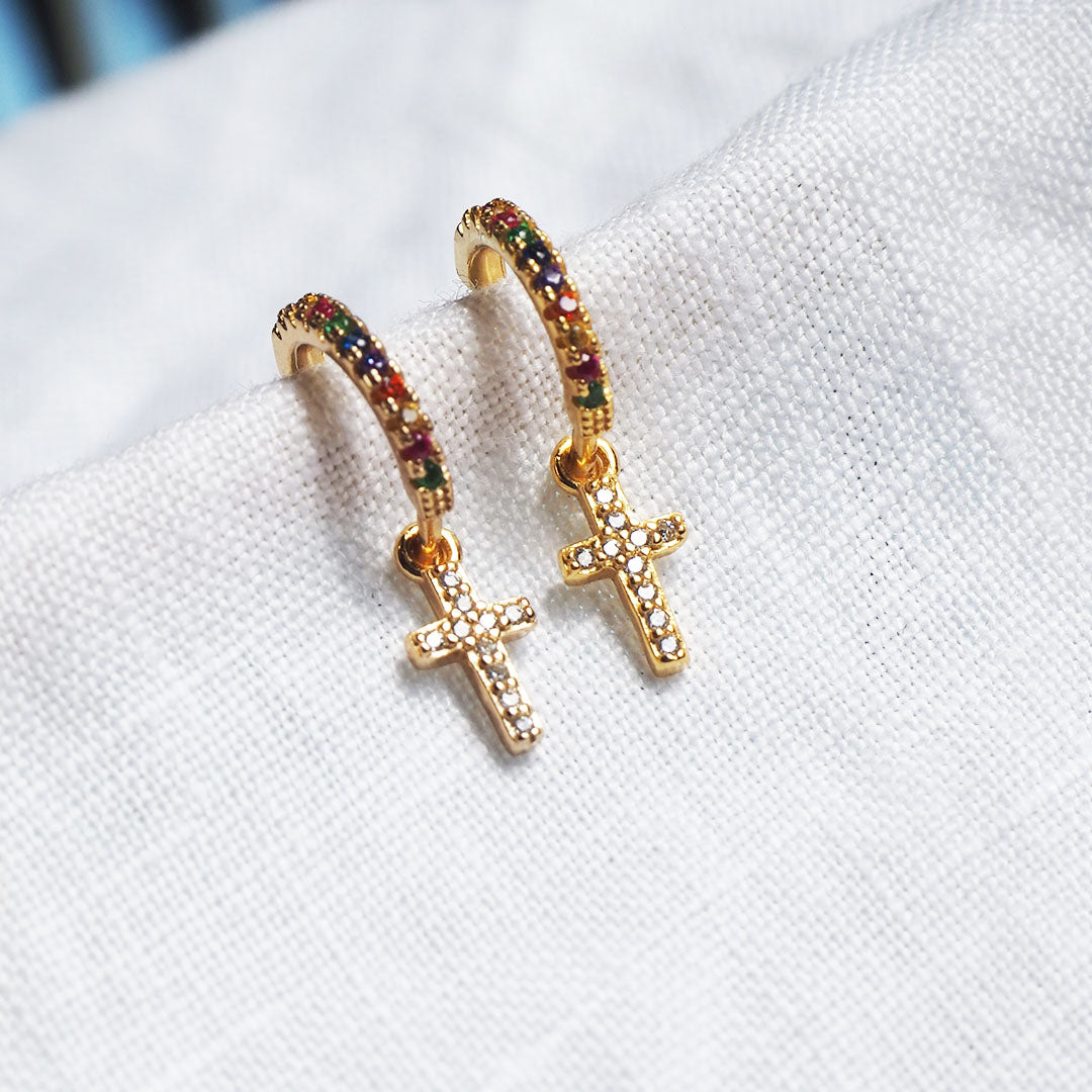 Pendientes Rainbow White Cross Ø 10mm Plata