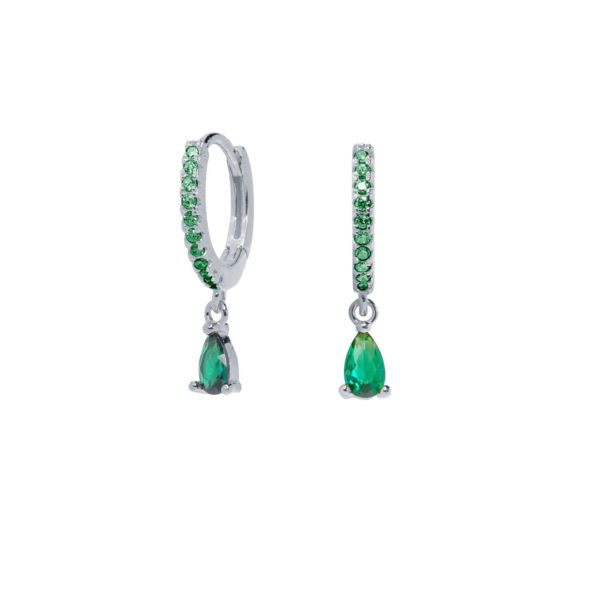 Pendientes aros mini con lágrima esmeralda Ø 12mm Plata