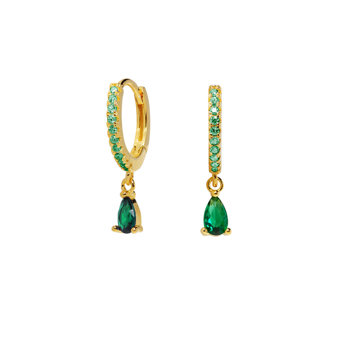 Pendientes Aros Mini de Plata 925 con Lágrima Esmeralda