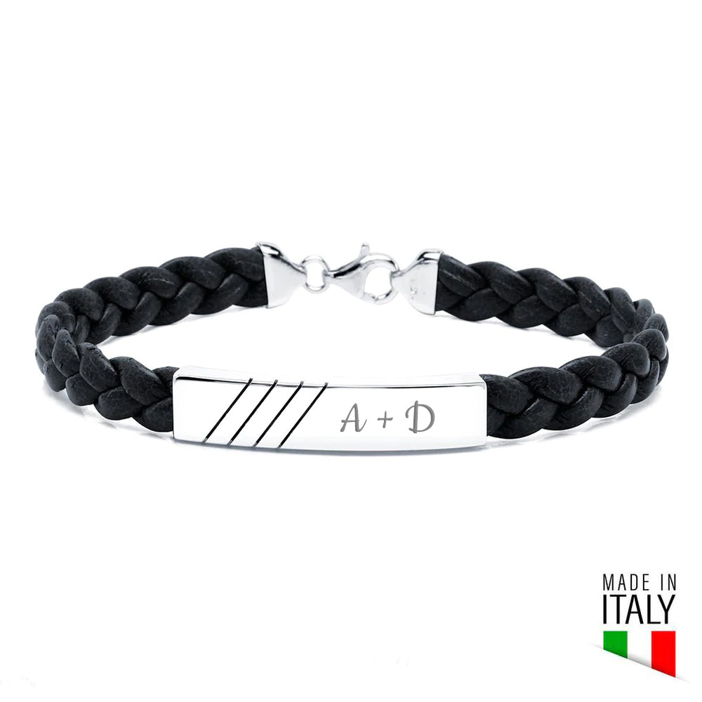Pulsera Líneas Diagonal y Cuero Trenzado Italiano