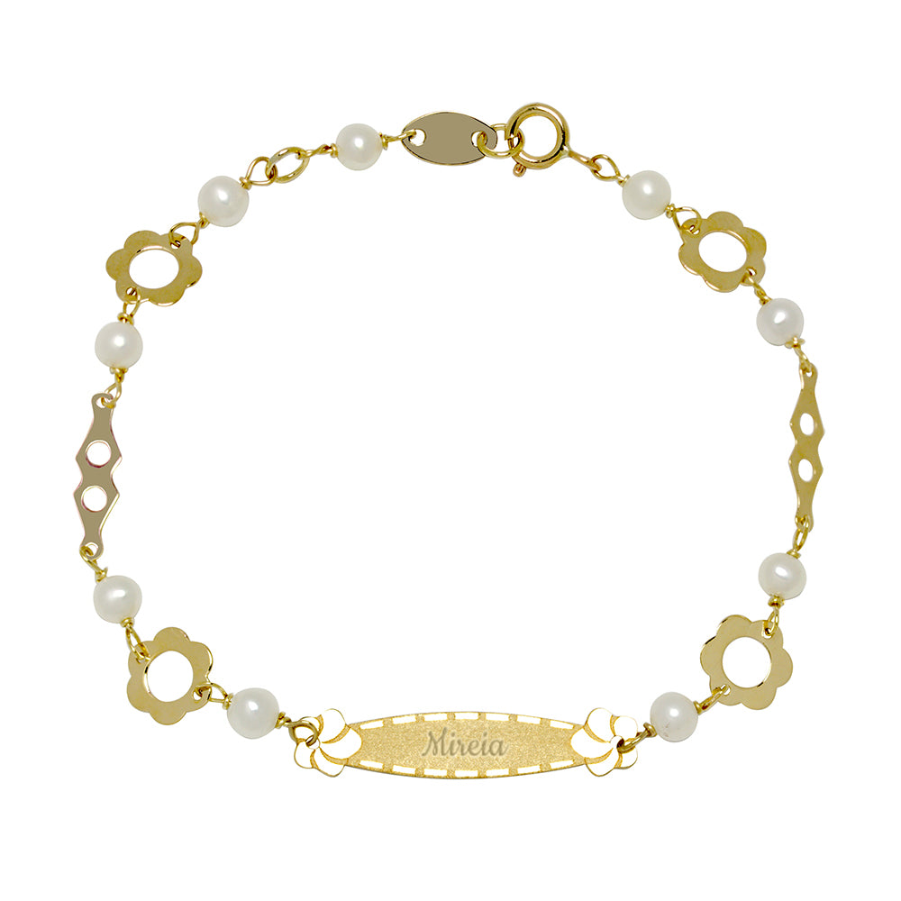 Pulsera Medalla Flores y cadena con perlas y flores Bicolor