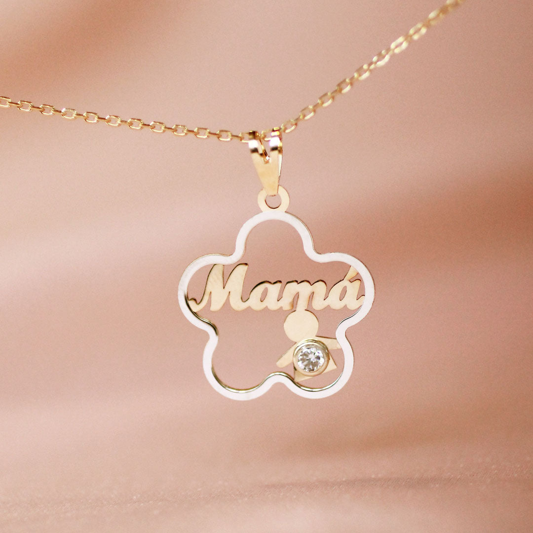 Collar Mamá Flor Niño de Oro 9K con Circonita