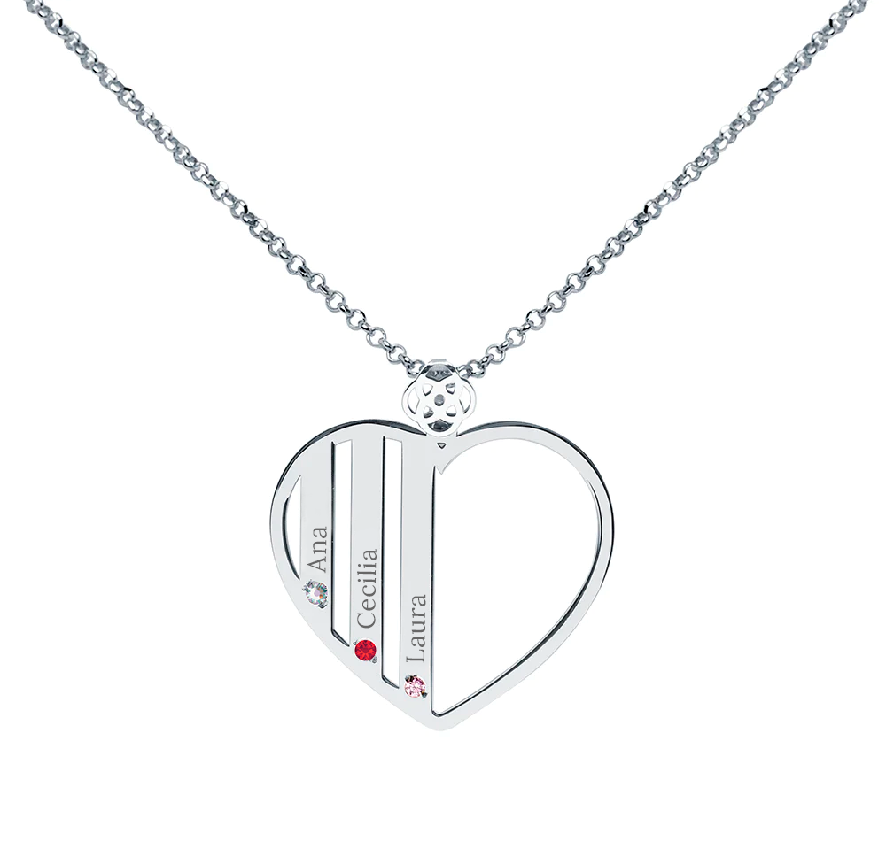Collar Corazón de Plata 925 con Piedras de Nacimiento