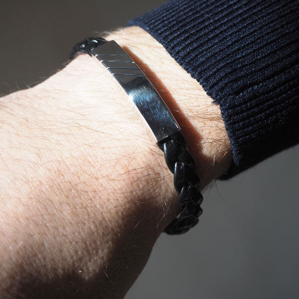 Pulsera Líneas Diagonal y Cuero Trenzado Italiano