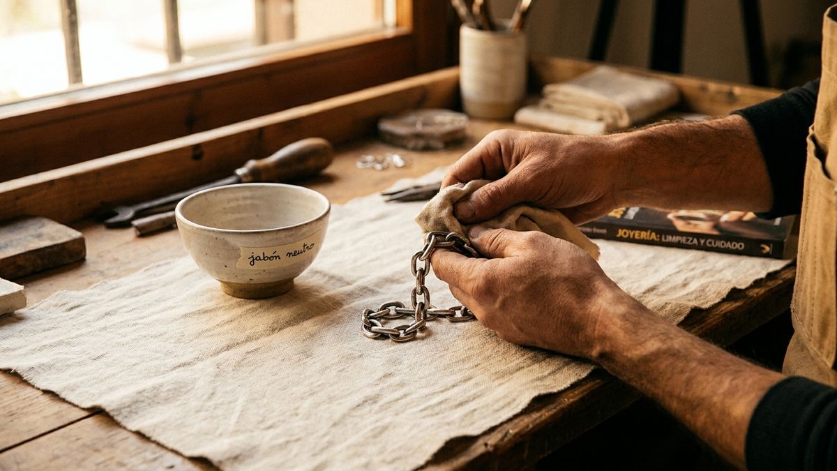 Limpieza de joyas de acero inoxidable con paño suave y jabón neutro