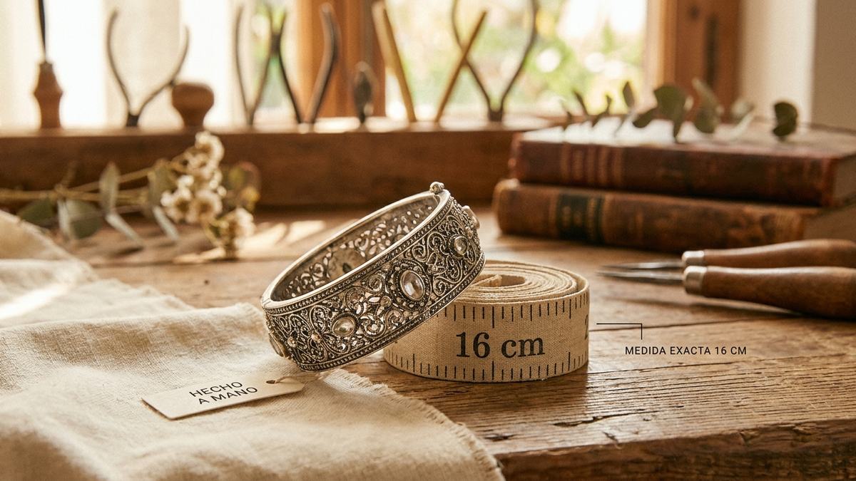 Pulsera sobre cinta métrica con medida de 16 cm para saber la talla correcta