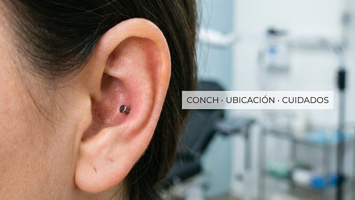 Conch piercing guía con la ubicación en la concha de la oreja y una joya inicial discreta