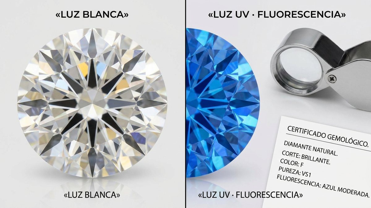 Fluorescencia del diamante comparada bajo luz blanca y luz ultravioleta con resplandor azul