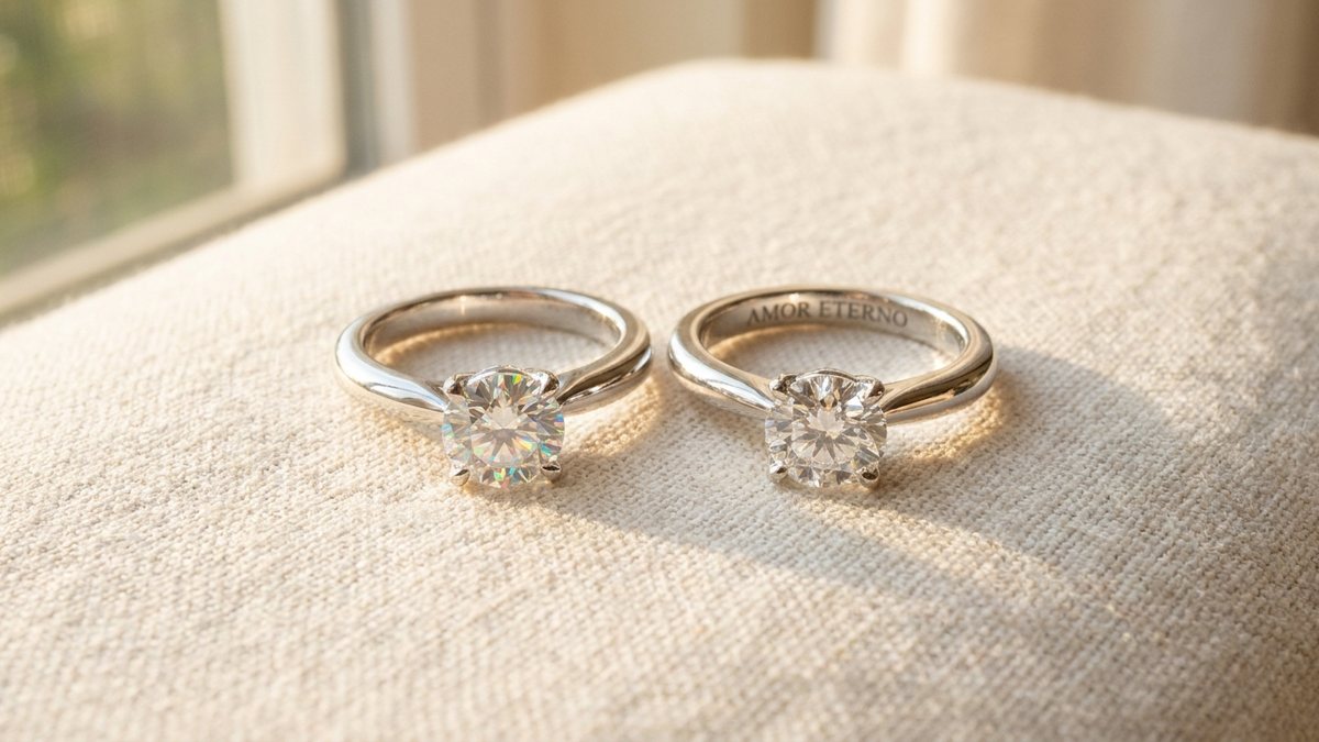 Dos anillos solitarios comparan moissanita vs diamante por su brillo sobre un fondo claro de joyería.