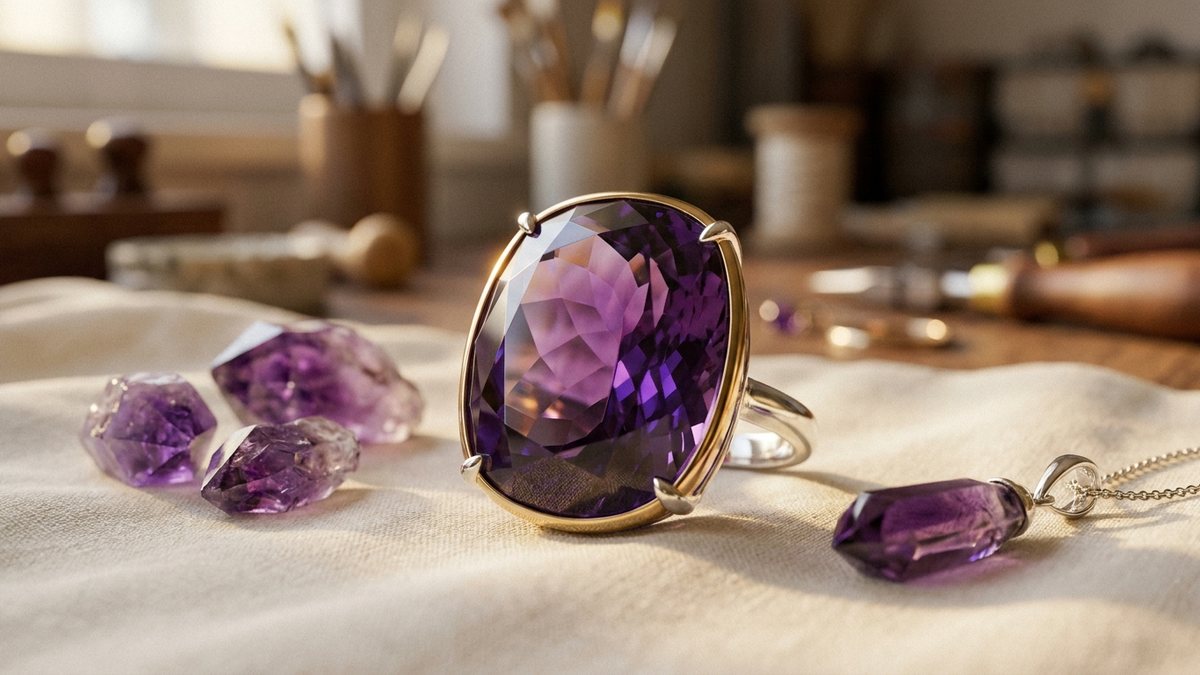 Anillo de plata y oro con una gran piedra amatista violeta facetada junto a cristales en bruto sobre lino crema