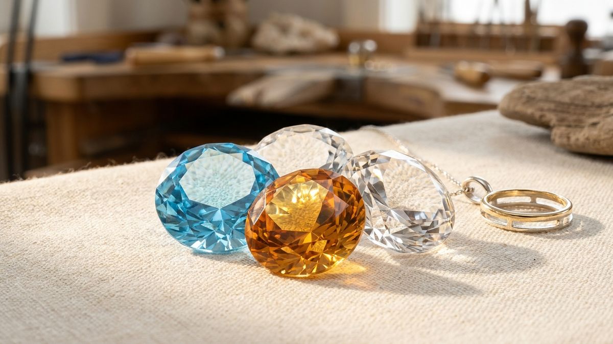 Tres gemas de topacio facetadas en azul, dorado y transparente sobre lino crema mostrando las variedades de la piedra topacio