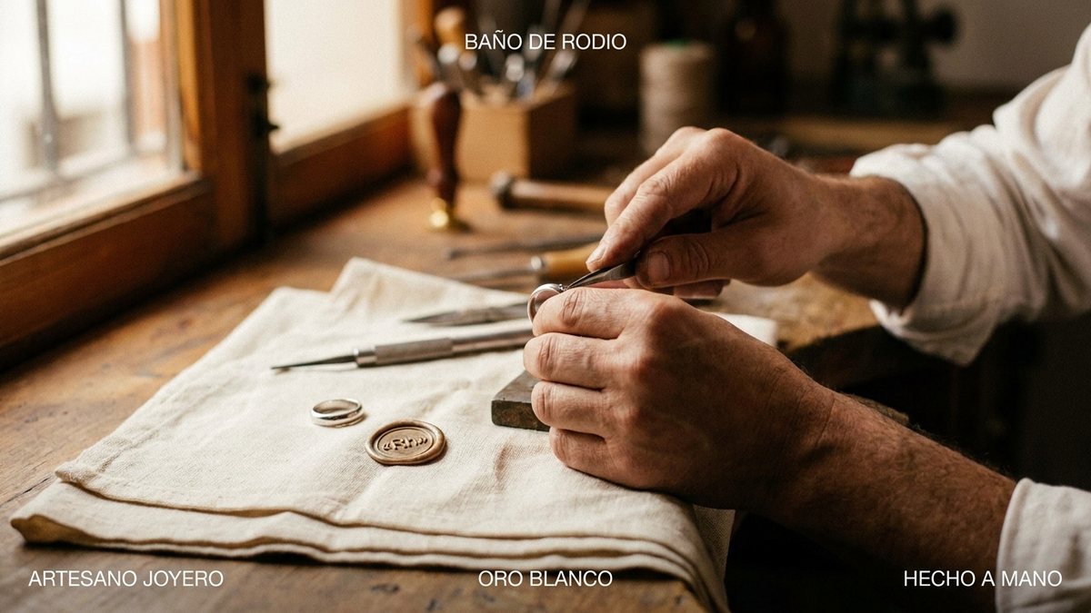 Proceso de baño de rodio y anillo acabado para explicar su uso en joyería