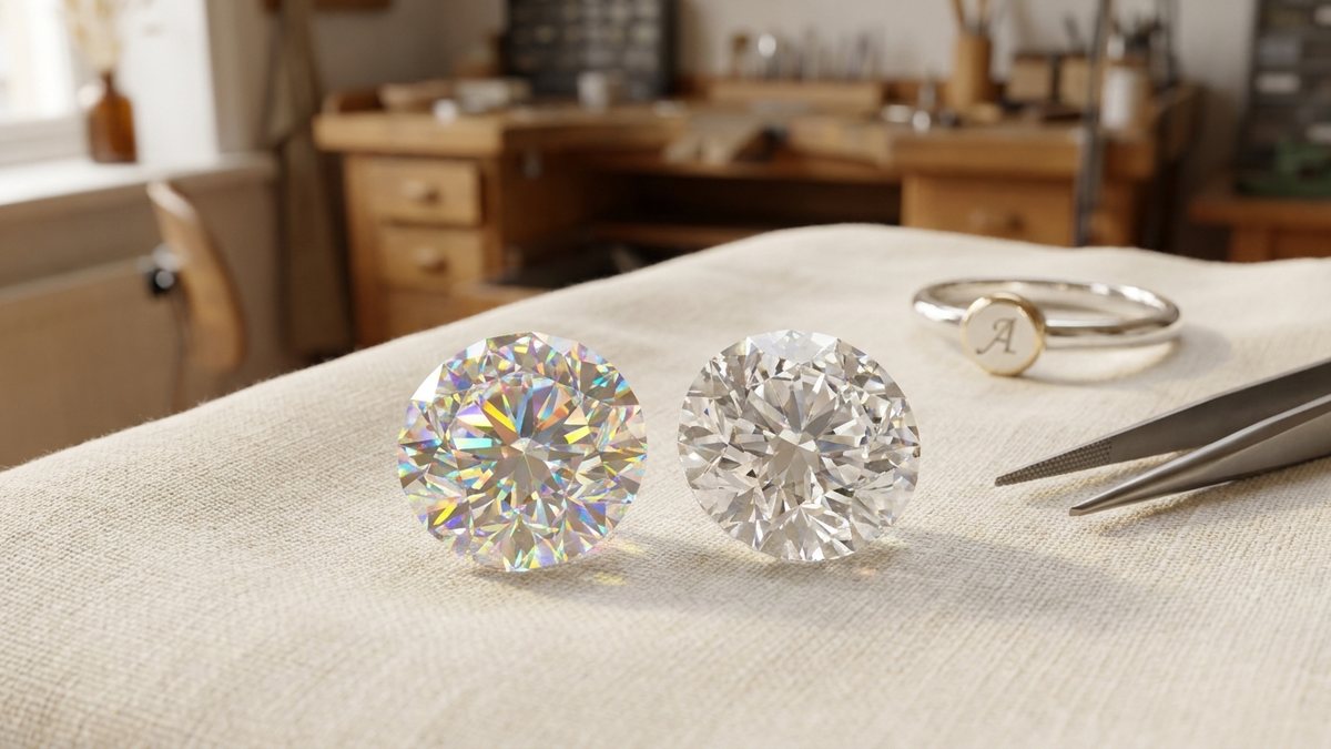 Circonita cúbica con destellos de color junto a un diamante sobre lino crema para comparar su brillo
