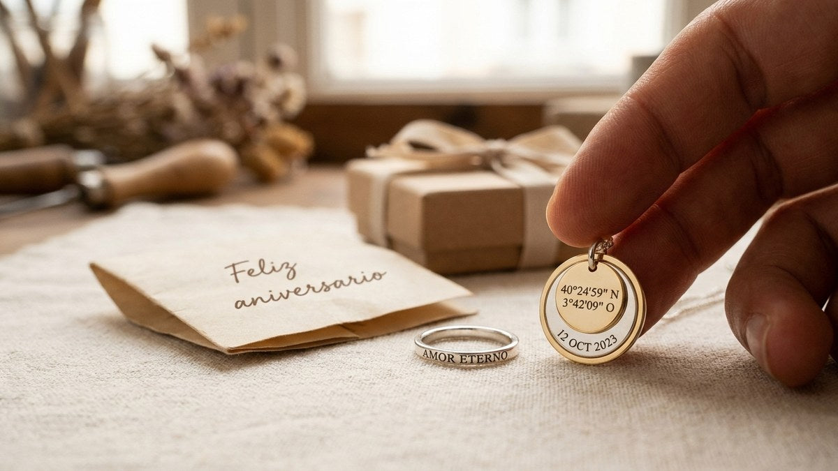Colgante personalizado de plata grabado con coordenadas junto a un anillo y una nota en español, regalo aniversario de pareja