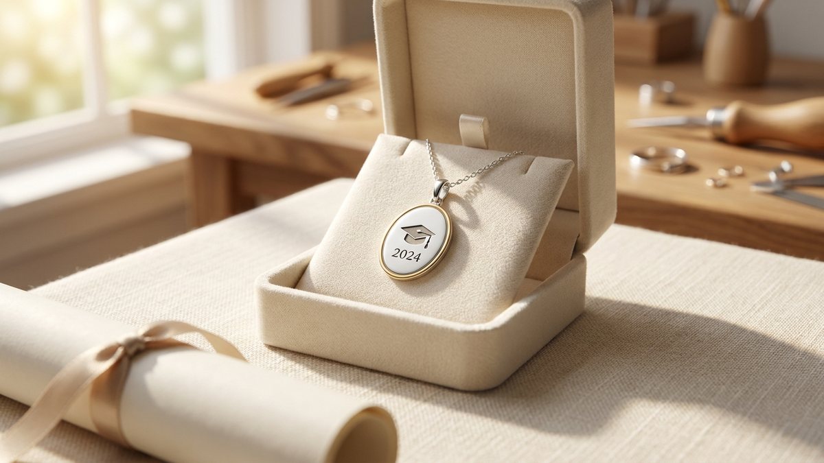 Colgante de plata personalizado grabado con birrete de graduación en una caja de regalo, idea de regalo de graduación