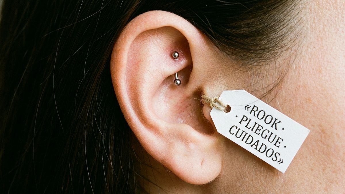 Rook piercing guía con su ubicación en el pliegue interno de la oreja y una barra curva discreta